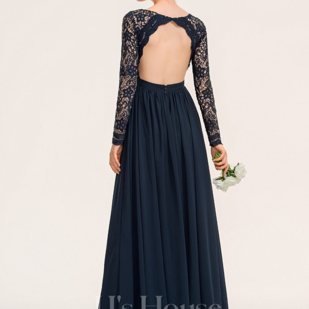 A-Line V-neck Floor-Length Chiffon Lace Bridesmaid Dress